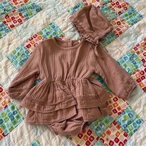 Quincy Mae Mauve Tiered Baby Romper Set with Bonnet